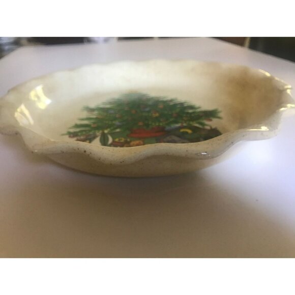 Vtg Christmas Tree With Toys Pie Tart Ceramic Dish Handmade 10" One Of A Kin - Picture 5 of 8